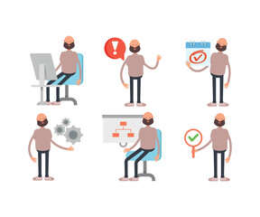bald and beard man characters set in different poses vector illustration
