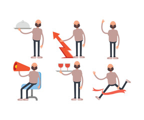 bald and beard man characters set in different poses vector illustration