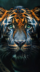 A tiger with a blue eye stares at the camera. The tiger's face is the main focus of the image, and it is looking directly at the viewer. The blue eye adds a sense of mystery and intrigue to the scene