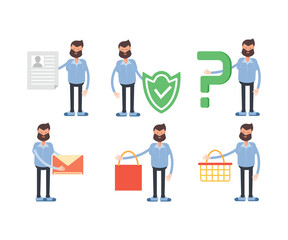 beard man characters in various poses vector illustration