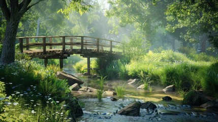Fototapeta na wymiar Peaceful countryside scene with a wooden bridge over a stream