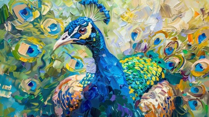 Peacock. Oil paint on canvas. Interior painting. Beautiful background