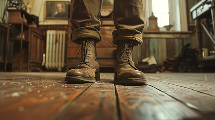 A man is standing in a room with a wooden floor. He is wearing brown shoes and has his feet apart - Powered by Adobe