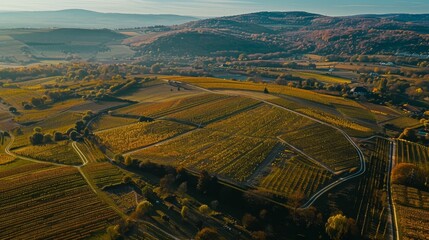 Fototapeta premium Aerial photo of rolling hills and vineyards with colorful autumn foliage