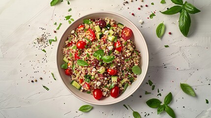 Minimalist Top-View Quinoa Salad with Cherry Tomatoes on White Dish

