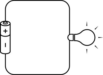 Electric Bulb and Battery Circuit, Current Flow. Physics Education Icon