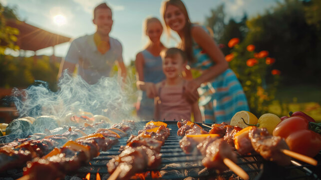 Family In Garden Doing Barbecue, Grill with Skewers and Barbecue Meat And Smoke. BBQ Summer Season Background