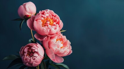 Pink peony over dark background. Moody floral baroque style image