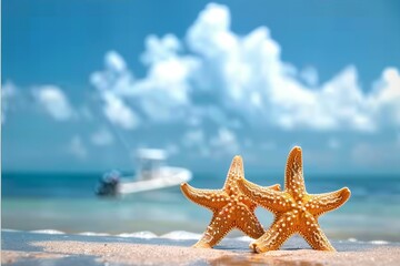 Fototapeta na wymiar starfish in crown with ocean, beach,white boat and seascape, shallow dof. generative ai.