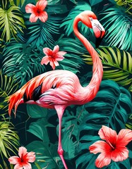 An elegant flamingo captured in mid-strut against a tropical backdrop of lush foliage and blooming flowers.