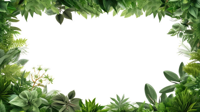 Tropical leaves foliage plant bush floral border isolated on clear png background and transparent background. Fresh and nature concept for nature decorative and flower element, AI generative.	