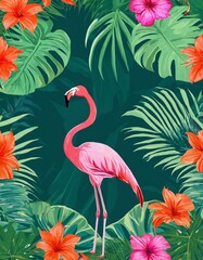 Obraz premium A pink flamingo stands elegantly among vibrant tropical foliage and flowers on a rich green background.