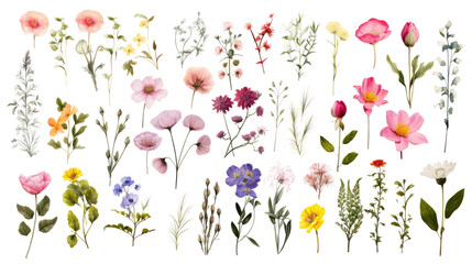 Set of watercolor wildflowers painting isolated on clear png background and transparent background....