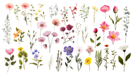 Set of watercolor wildflowers painting isolated on clear png background and transparent background. Fresh and nature concept for nature decorative and flower element, AI generative.