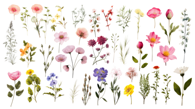 Set of watercolor wildflowers painting isolated on clear png background and transparent background. Fresh and nature concept for nature decorative and flower element, AI generative. - Powered by Adobe