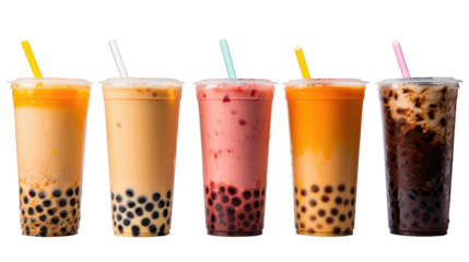Various Bubble Tea or Boba on white isolated on clear png background and transparent background. food drink and dessert concept for cafe and restaurent, AI generative.	