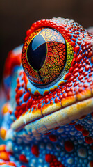 A frog with a red eye and blue and red spots. The frog has a very colorful appearance