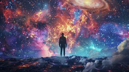 Polygonal figure of a man against the backdrop of the universe. A mystical journey through the universe. The state of meditation Surreal 3D painting. Transpersonal art - obrazy, fototapety, plakaty