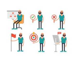 bald man character in different poses set vector illustration