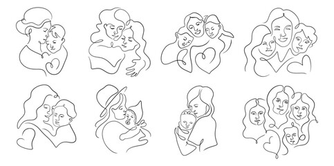 Set of mother hugging children, with daughter and son, in a line art style