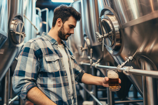 Artisan observing fermentation process at craft brewery