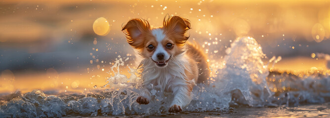 Funny playful cute Papillon puppy in the waves of the ocean - obrazy, fototapety, plakaty