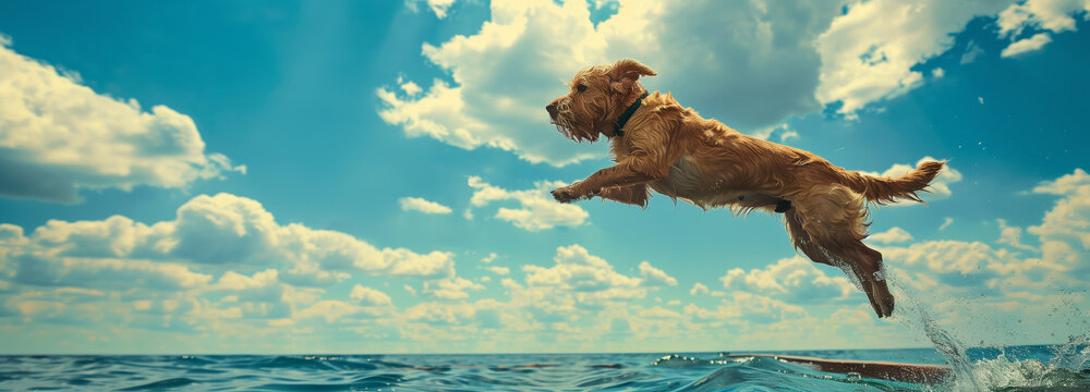 dog launching off a diving board into the ocean