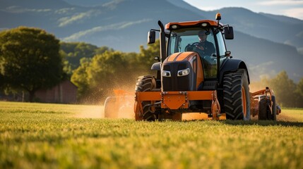 Large orange tractor sweeping a field  - obrazy, fototapety, plakaty