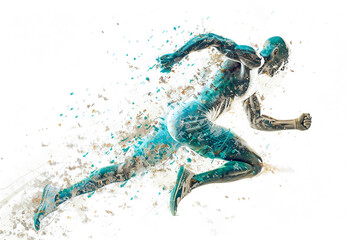an illustration of a running athlete made from turquoise and beige particles on a white background