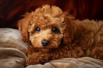 A cute brown poodle puppy is laying on a bed