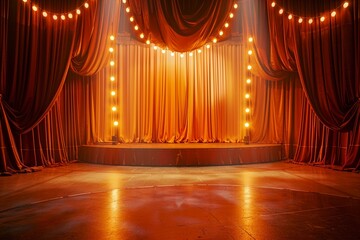 The stage of the theater is decorated with orange curtains and lights, leaving an empty space in front for a title or poster