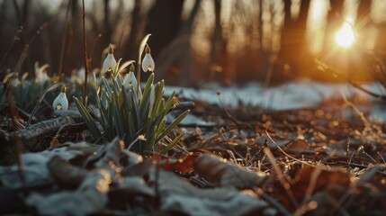Snowdrop grow in a field in a clearing. The first beautiful flowers bloom in spring