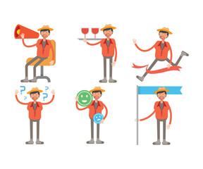 man with hat characters set in various poses vector illustration