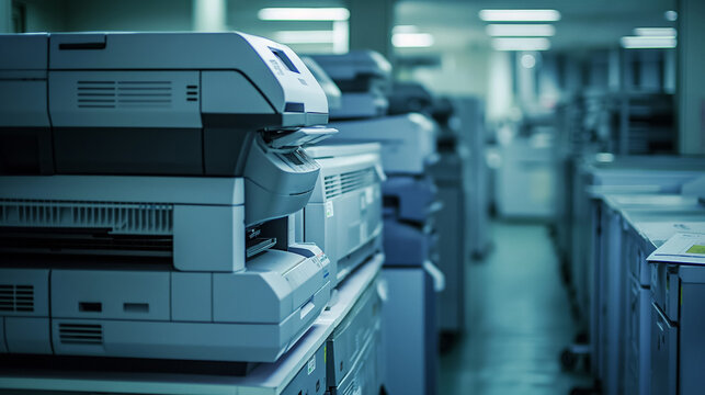 Row of office printers in a workspace