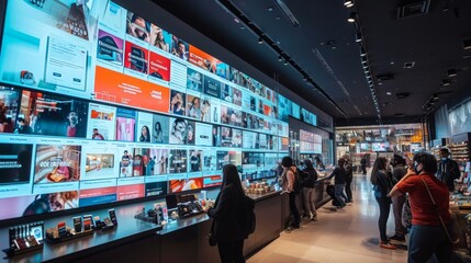 Panoramic view of a bustling online marketplace website displayed on a giant screen showcasing diverse products and happy customers.