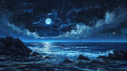 Starry sky and moonlit seascape - obrazy, fototapety, plakaty