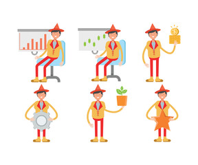 man with hat character in different poses set vector illustration