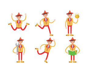 man with hat character in different poses set vector illustration