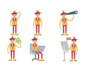 man with hat character in different poses set vector illustration