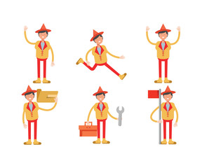 man with hat character in different poses set vector illustration