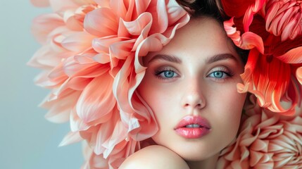 Stylish fashion woman with big decorative flower. Close-up of the face