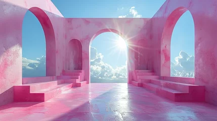 Schilderijen op glas 3d Render, Abstract Surreal pastel landscape background with arches and podium for showing product, panoramic view, Colorful dune scene with copy space, blue sky and cloudy, Minimalist decor design © Jennifer
