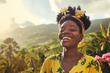A woman with a yellow shirt and flowers in her hair smiles in front of a mountain - Powered by Adobe