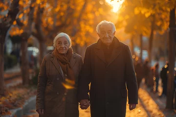 Schilderijen op glas An elderly couple is walking down the street holding hands. They are dressed in black and are surrounded by autumn leaves. The sun is setting behind them, casting a warm glow on the scene © BS.Production