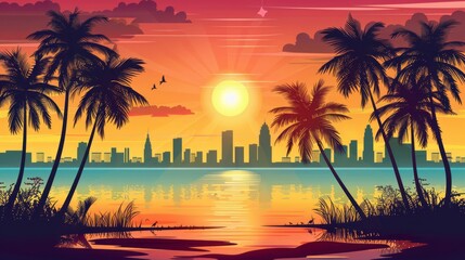 Summer illustration with a beach at sunset, silhouette of palm trees, a city in the background and a sun
