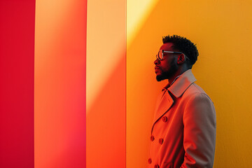 A captivating photo capturing the essence of "man of the hour", featuring a dashing bearded man clad in a coat, standing confidently in front of a vibrant, boldly colored wall.
