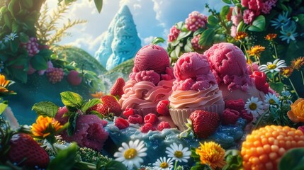Handmade sorbet varieties in a 3D cartoon garden of Eden - obrazy, fototapety, plakaty