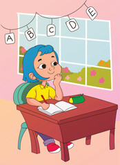 female student sitting in her chair holding a pencil and book, facing the window