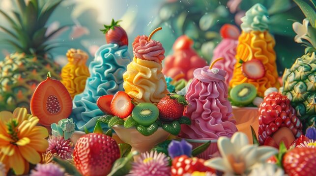 Handmade sorbet varieties in a 3D cartoon garden of Eden