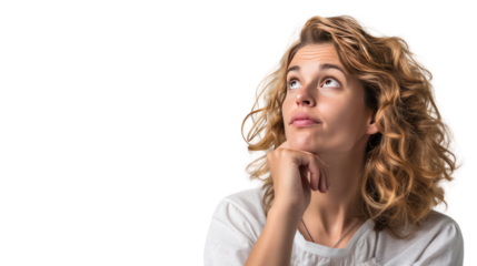 woman looking up making a decision against. Isolated on transparent background.